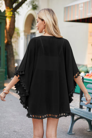 Women Semi See-Through Chiffon Cover-up 3/4 Sleeve Tassel Decorated Tops
