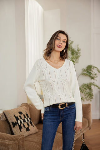 Hollowed-out Sweater Long Sleeve Dropped Shoulder V-Neck Pullover