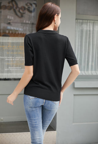 Lapel Collar Sweater Loose Fit Short Sleeve Ribbed Hem Knitted Tops