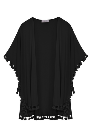 Women Semi See-Through Chiffon Cover-up 3/4 Sleeve Tassel Decorated Tops