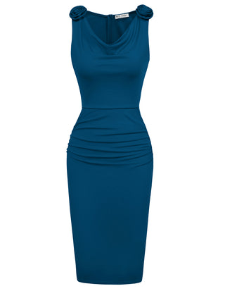 Women Ruched Bodycon Dress Casual Sleeveless Cowl Neck Back Slit Dress