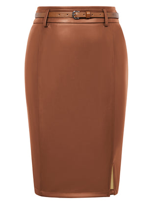 Women Polyurethane Leather Skirt with Belt High Waist Front Slit Pencil Skirt