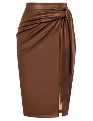 Women Polyurethane Leather Skirt OL High Waist Front Slit Bodycon Skirt