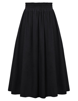 Women's High Waist Midi Skirt Vintage Elastic A-Line Pleated Button Skirts with Pockets