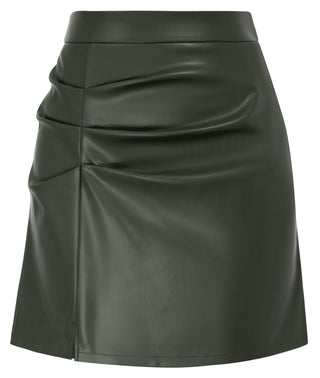 Women's Leather Skirts Front Slit Ruched Bodycon Mini Skirt High Waist PU Leather Skorts