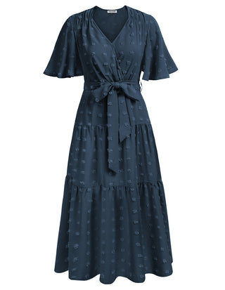 Tiered Dress with Belt Short Flounce Sleeve V-Neck Flared A-Line Dress