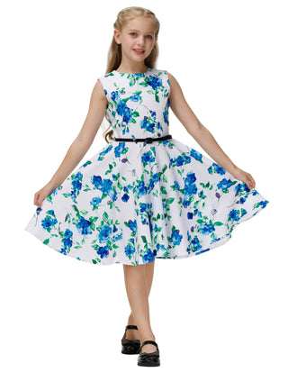 Girls Sleeveless Round Neck Vintage Retro Cotton Floral Dress