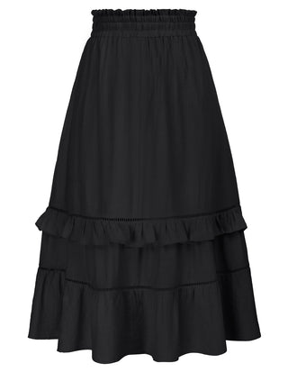 Tiered Midi Skirt Comfy Elastic Drawstring Waist Flared A-Line Skirt