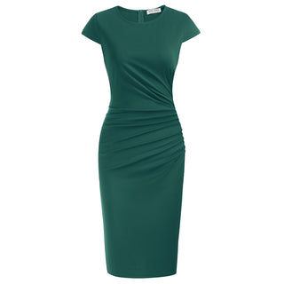 Ruched Bodycon Dress Cap Sleeve Side Slit Dress