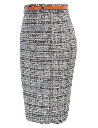 Fashion Tweed Bodycon Skirt with Belt High Waist Knee Length Slit Front