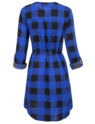 Grid Pattern Comfy Roll-up Sleeves V-Neck Cotton Shirt Dress