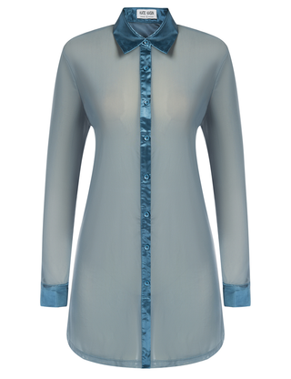 Long Sleeve Lapel Collar See-Through Mesh Fabric Cover-Up Shirt