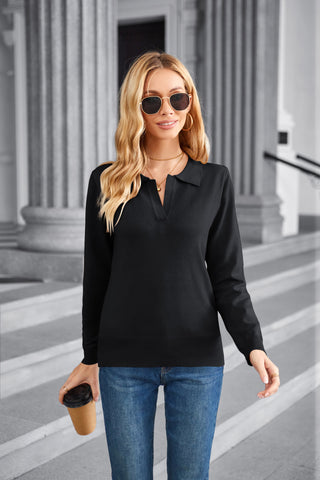 Women Short Sleeve Polo Sweater V Neck Knitted Tops Casual Ribbed Shirt Loose Pullover Sweater