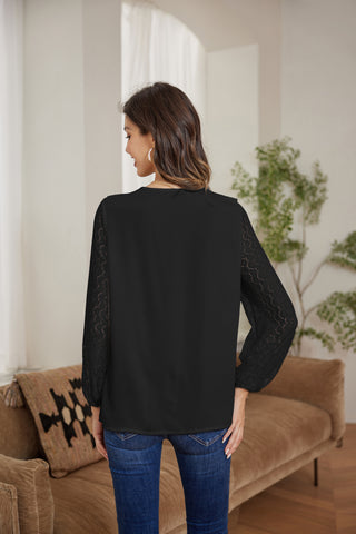 Lace Patchwork Blouse Long Sleeve V-Neck Ruffle Decorated Blouse Tops