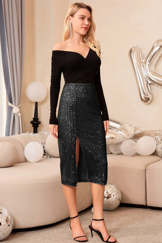 Women Sequined Party Skirt High Waist Front Slit Midi Bodycon Skirt