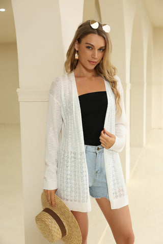 Hollowed-out Cardigan Sweater Long Sleeve Open Front Mid-Thigh Knitwear