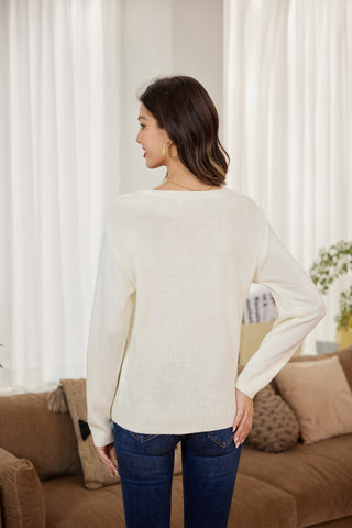 Hollowed-out Sweater Long Sleeve Dropped Shoulder V-Neck Pullover