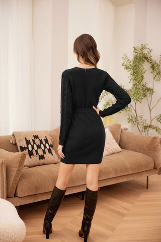 Textured Sweater Dress Long Sleeve V-Neck Knitted Body con Dress