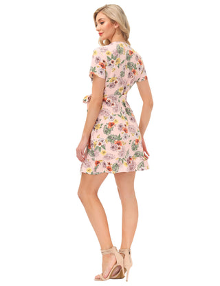 Floral Print Dress Short Sleeve V-Neck Ruffled Mini Dress