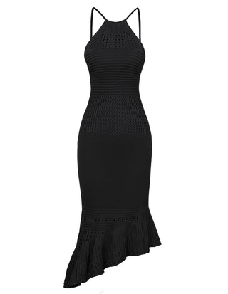 Women Hollowed-out Sweater Dress Irregular Ruffled Hem Knitted Bodycon Dress