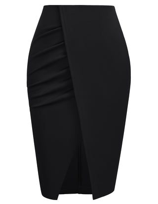 Women High Waisted Warp Ruched Pencil Skirt Elegant Split Slit Hem Bodycon Midi Skirt Wear to Work