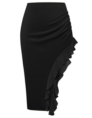 Women Irregular Hem Skirt Elastic Waist Ruffle Decorated Bodycon Skirt
