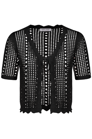 Women Hollowed-out Cardigan Short Sleeve V-Neck Tie-Front Shrug Knitwear