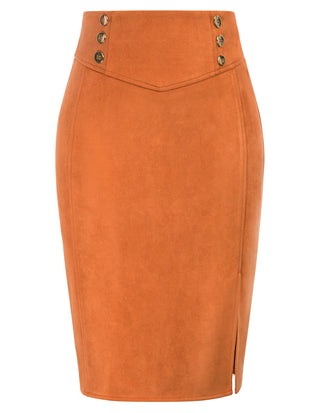 Suede Skirt OL High Waist Side Slit Buttons Decorated Bodycon Skirt