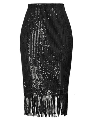 Women Sequined Party Skirt Elastic Waist Front Slit Tassel Hem Bodycon Skirt