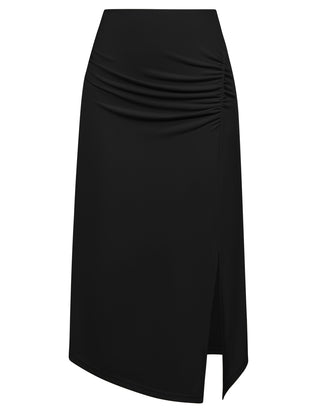Women Front Slit Skirt Elastic Waist Irregular Hem Ruched Midi Skirt