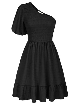 Women Dress Asymmetric One-Shoulder Dress Elastic Waist Tiered A-Line Dress