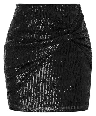 Women Sequined Party Skirt Elastic High Waist Knotted Front Bodycon Skirt