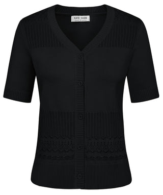 Women Hollowed-out Cardigan Short Sleeve V-Neck Button-up Sweater Knitwear