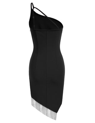 Women Irregular Tassel Hem Party Dress One-Shoulder Knee Length Bodycon Dress