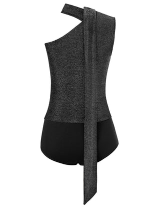 Women Sash Decorated Bodysuit One-Shoulder Snap-Button Crotch Teddy