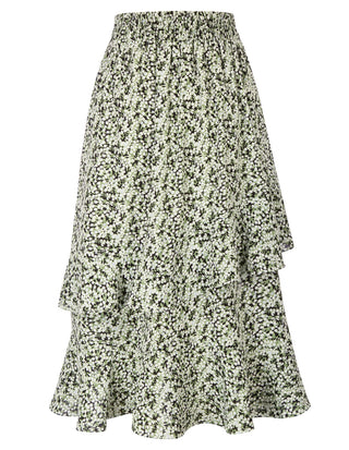 Women Side Slit Skirt Elastic High Waist Ruffled Hem Flared A-Line Skirt
