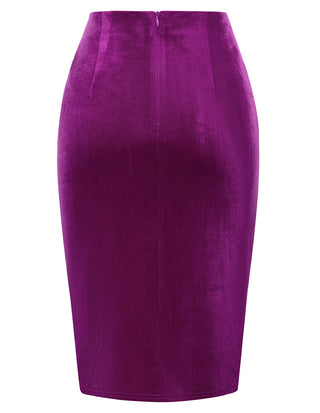 Women Wrap Hem Velvet Skirt Elastic Waist Below Knee Ruched Bodycon Skirt