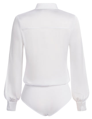 Women Lapel Collar Bodysuit Long Sleeve Button-up Shirt with Attached Briefs
