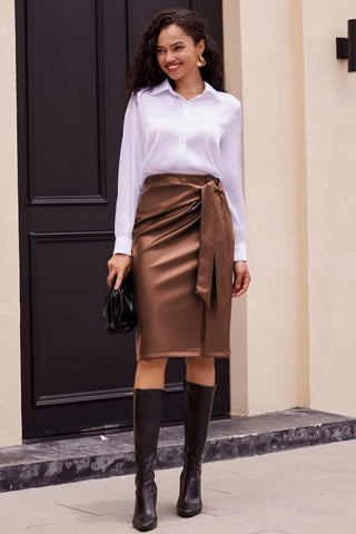 Women Polyurethane Leather Skirt OL High Waist Front Slit Bodycon Skirt