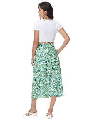 KK Women Front Slit Swing Skirt Elastic High Waist Below Mid-Calf A-Line Skirt