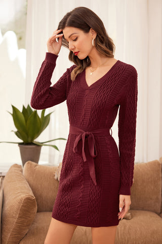 Textured Sweater Dress Long Sleeve V-Neck Knitted Body con Dress