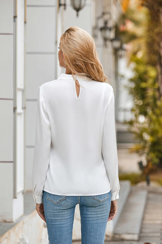 Women Keyhole Back Blouse OL Long Sleeve Half High Neck Pullover Tops