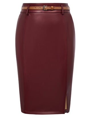 Women Polyurethane Leather Skirt with Belt High Waist Front Slit Pencil Skirt