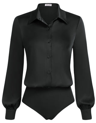 Women Lapel Collar Bodysuit Long Sleeve Button-up Shirt with Attached Briefs