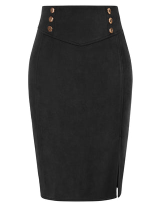 Suede Skirt OL High Waist Side Slit Buttons Decorated Bodycon Skirt
