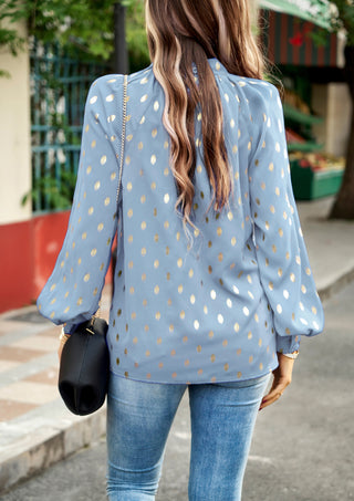 Women Hot Stamping Blouse Long Lantern Sleeve Knotted Neck Pullover Tops
