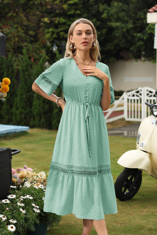 Elastic Waist Midi Dress Short Sleeve V-Neck Tiered A-Line Dress