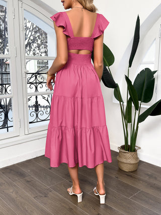 Women Tiered Midi Dress Sleeveless Square Neck Hollowed-out Back A-Line Dress