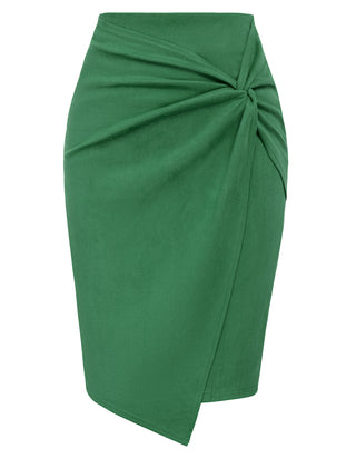 Women Faux Suede Skirt OL High Waist Knotted Front Bodycon Skirt