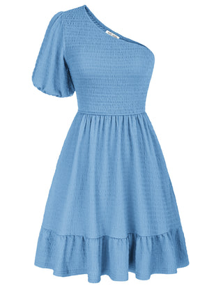 Women Dress Asymmetric One-Shoulder Dress Elastic Waist Tiered A-Line Dress